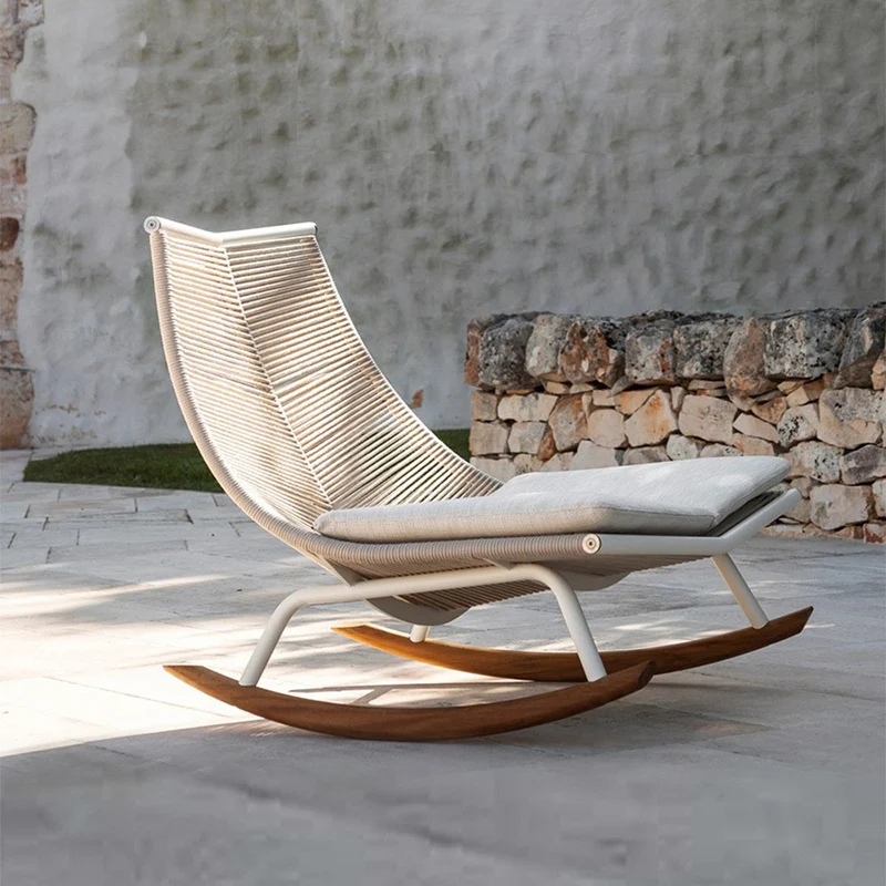 Contemporary Nordic Olefin Rope Teak Wood Outdoor Waterproof Fabric Rectangular Rocking Chair Backrest For Living Room & Ourdoor