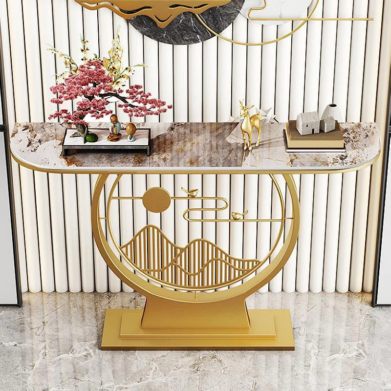 Glam Stone Console Sofa Table Half Moon Iron Accent Table for Hall