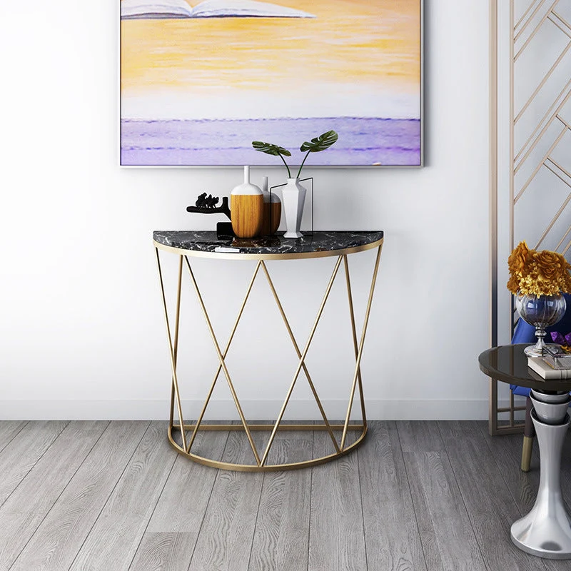 Glam Marble Console Sofa Table Half Moon Iron Accent Table for Hall
