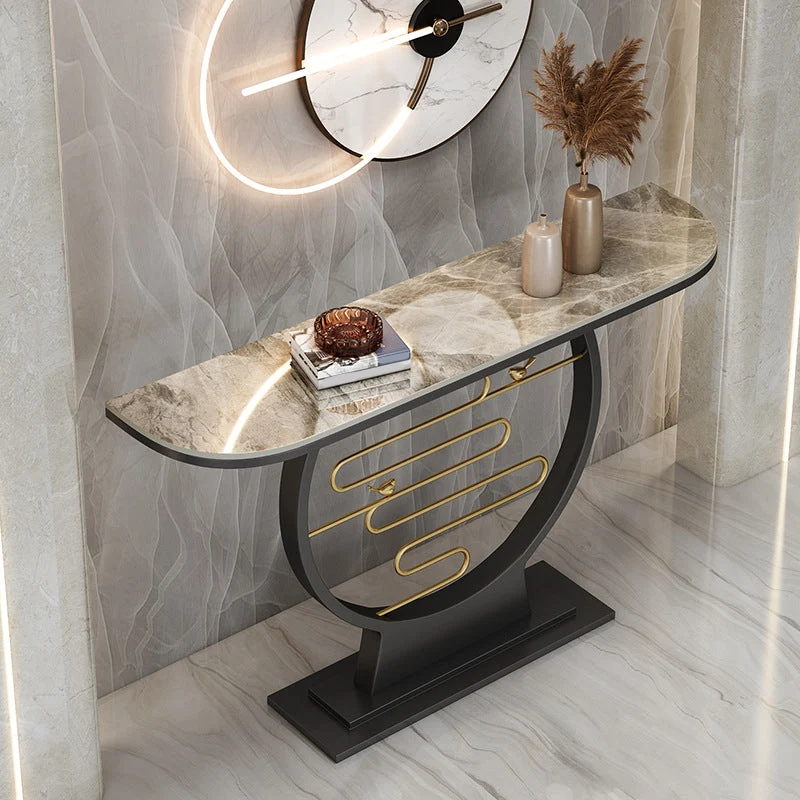 Contemporary Stone Console Sofa Table Half Moon Iron End Table for Hall