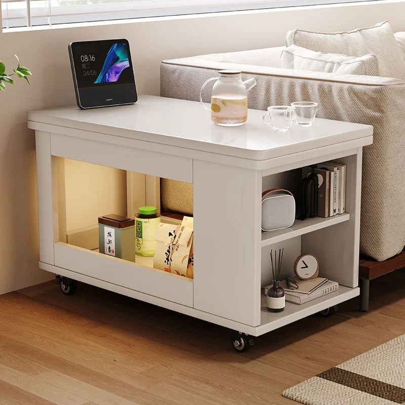 Traditional Vintage Rubberwood Metal Mobile Rectangular Coffee Table With 3-Tier For Living Room