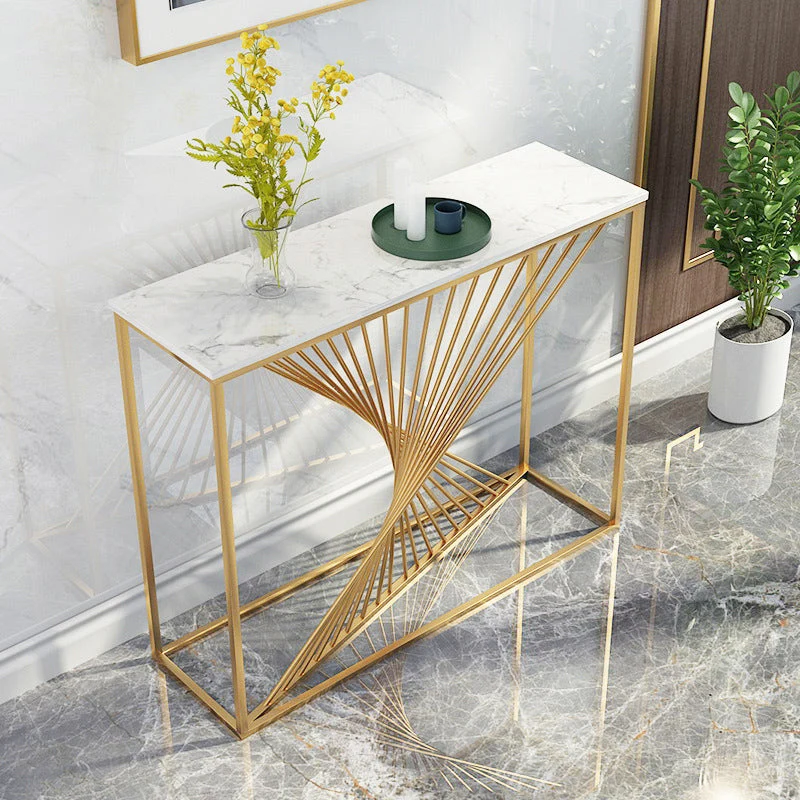 Glam Console Accent Table Antique Finish Rectangle Console Table in Marble