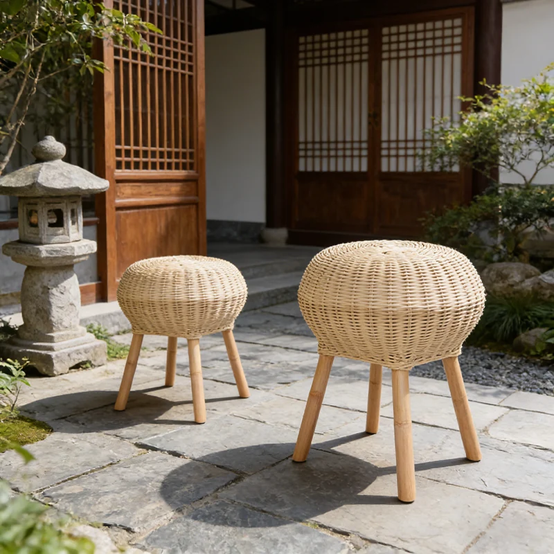 Traditional Chinese Natural Rattan Shoe Bench - Drum Handmade Shoe Stool For Living Room