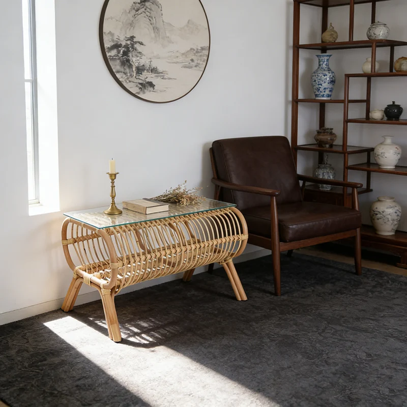 Traditional Japanese Bamboo Rattan Coffee Table With Glass Top - Elongated Profile Side Table For Living Room