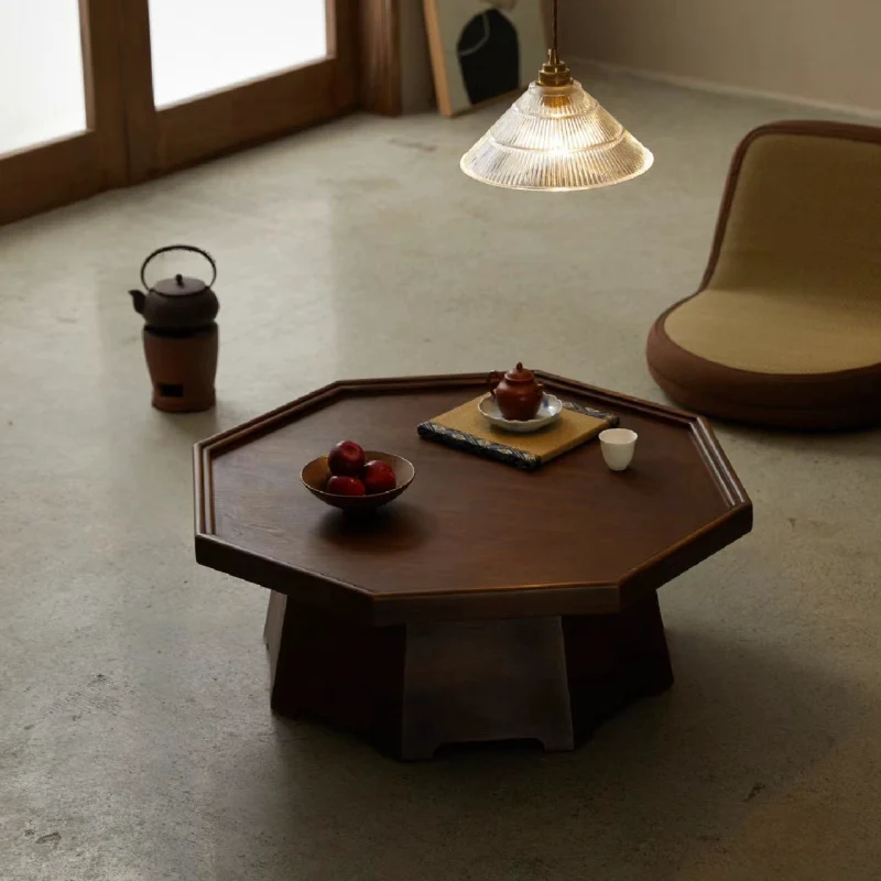 Traditional Vintage Ash Wood Octagonal Coffee Table With 1-Tier For Living Room