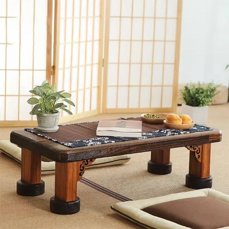 Traditional Japanese Solid Wood Half Moon Rectangular Coffee Table With 1-Tier For Living Room