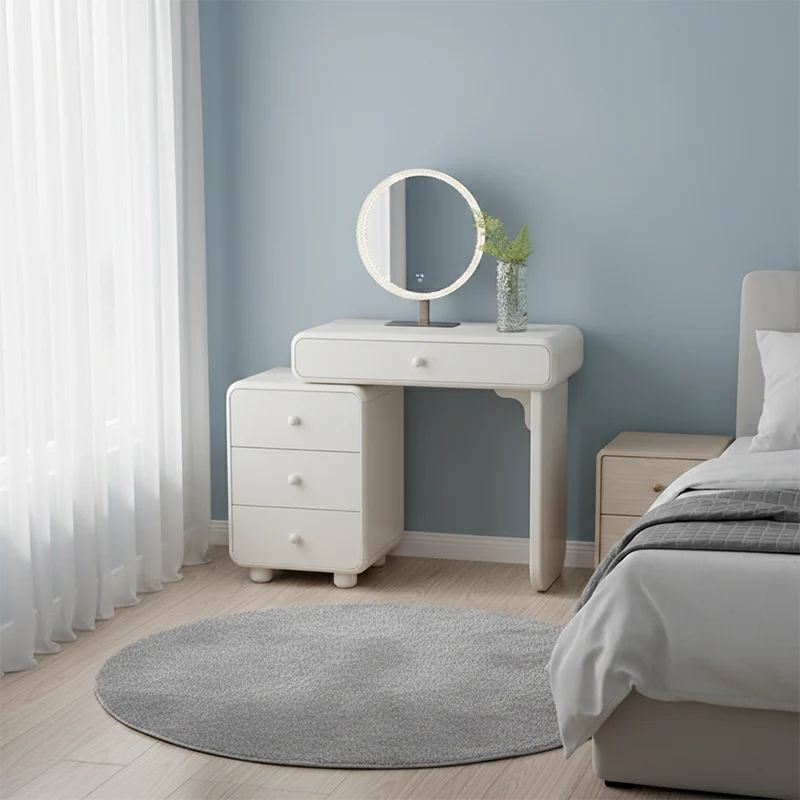 Cream Style Vanity Desk With Expandable Drawer Cabinet - Modern Minimalist MDF Particle Board Bedroom Makeup Vanity With 4 Drawers