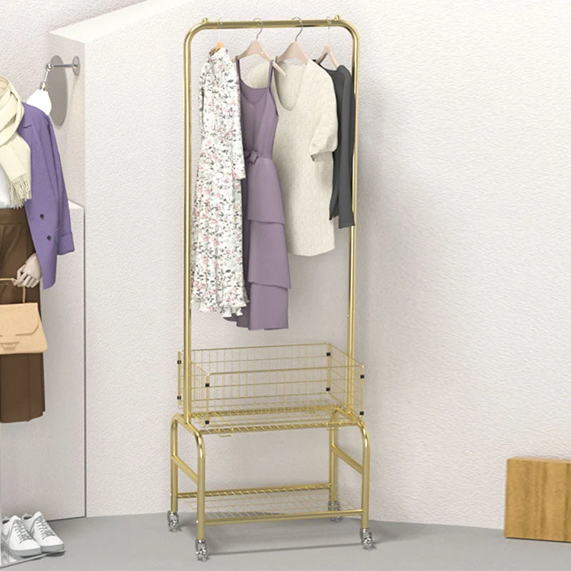 Contemporary Metal Coat Hanger Storage Basket Lower Shelf and Castor Entry Hall Tree
