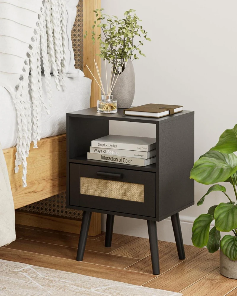 Moderne Rattan Beistelltisch mit Schubladen, Schwarz