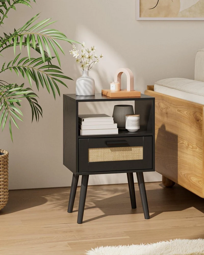 Rattan Nachttisch Schwarz handgefertigte Schubladen Holz
