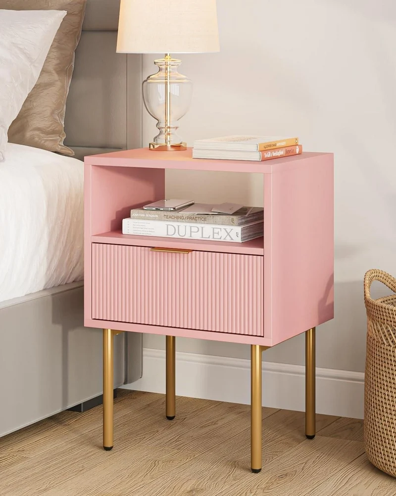 Boho Nachttisch mit offener Ablage und Schublade, Rosa/Rosa