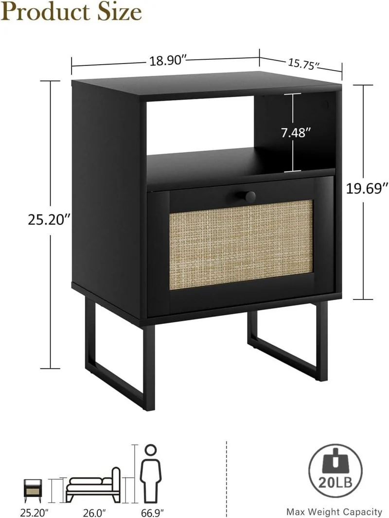 Boho Rattan Nachttisch mit Schublade & Schwarzeiche Regal