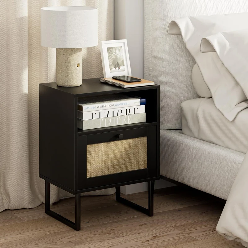 Nachttisch Rattan Boho Bauernholz Schublade Regal Schwarz