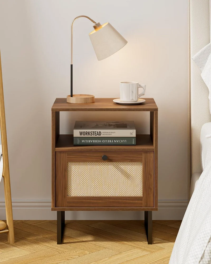 Boho Rattan Nachttisch mit Schublade und Regal, Braun