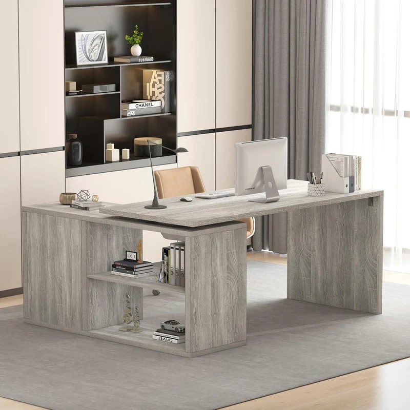 Weißer L-Form Schreibtisch mit Schubladen und Regalen 152 x
