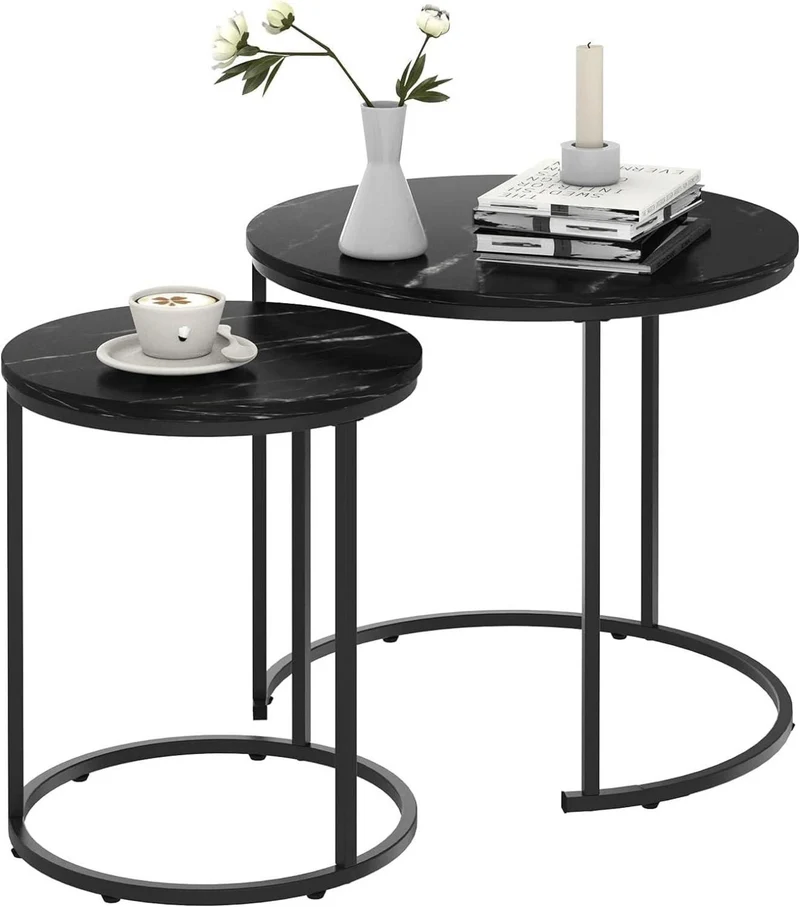 Huhote Runde Couchtische Set 2 Beistelltische Metallrahmen