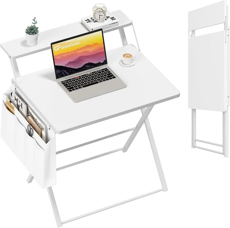 Klappbarer Schreibtisch 80 cm Weiß mit Regal & Tasche