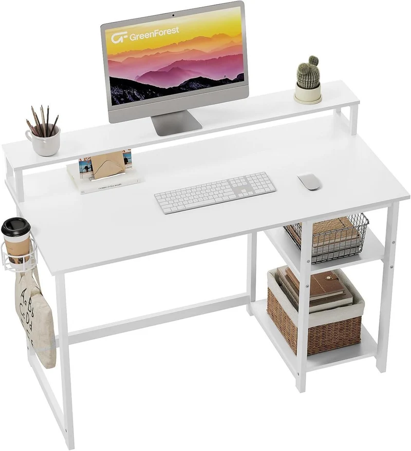 Kleiner Schreibtisch Weiß mit Regal und Monitorständer 120 x