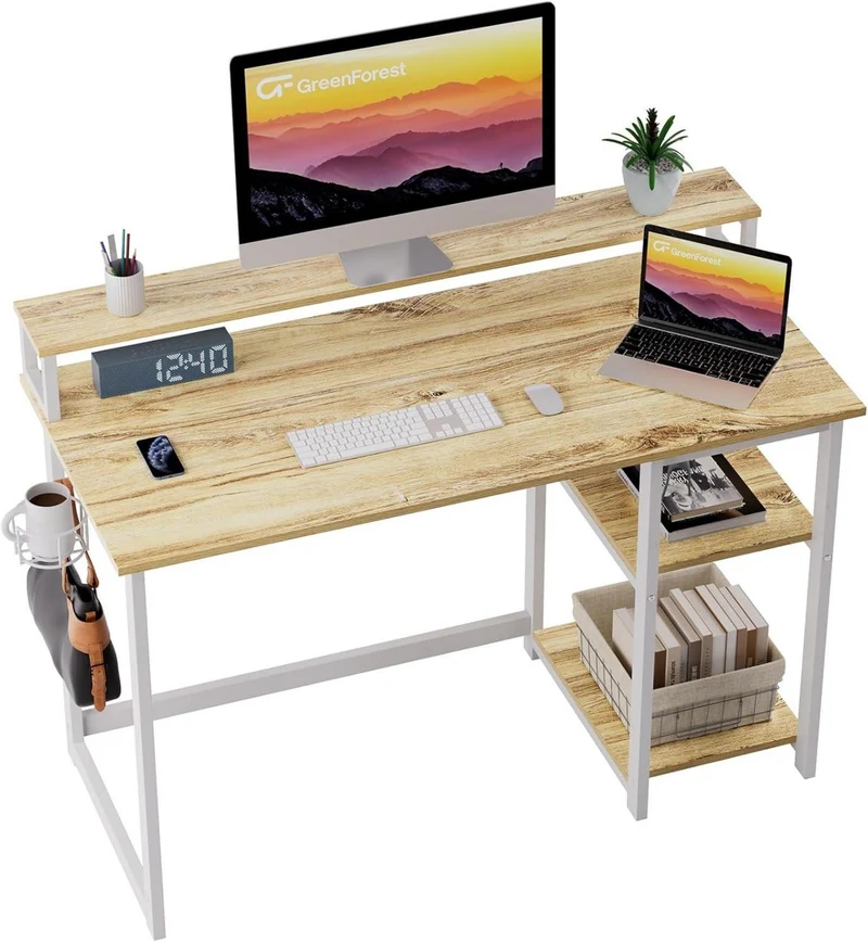 120x55 cm Schreibtisch Holz mit Regal Monitorständer Eiche