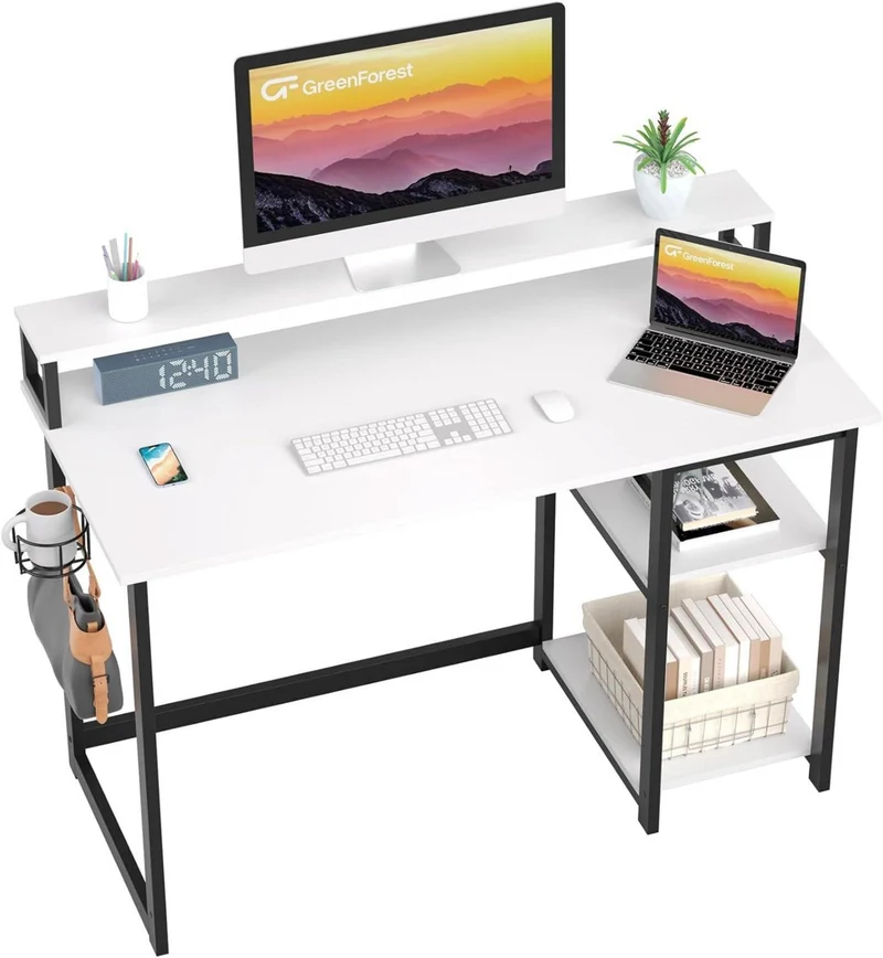 Weißer Schreibtisch 120 x 55 cm mit Regal, Monitorständer