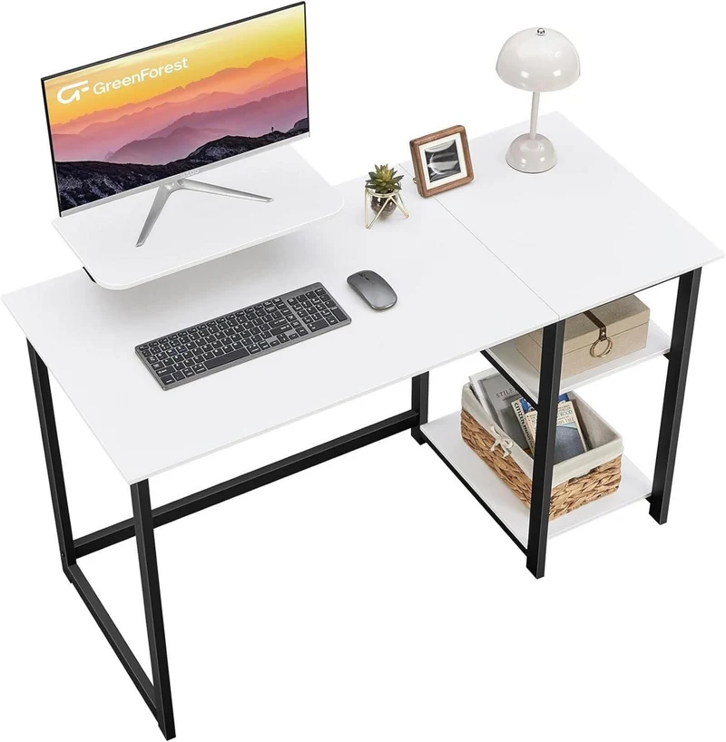 Schreibtisch 120cm Weiß mit Stauraum und Monitorständer