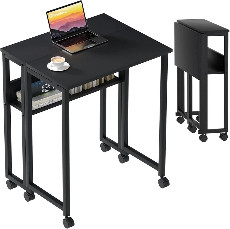 Kleiner Klappschreibtisch mit Rollen und Stauraum, Schwarz