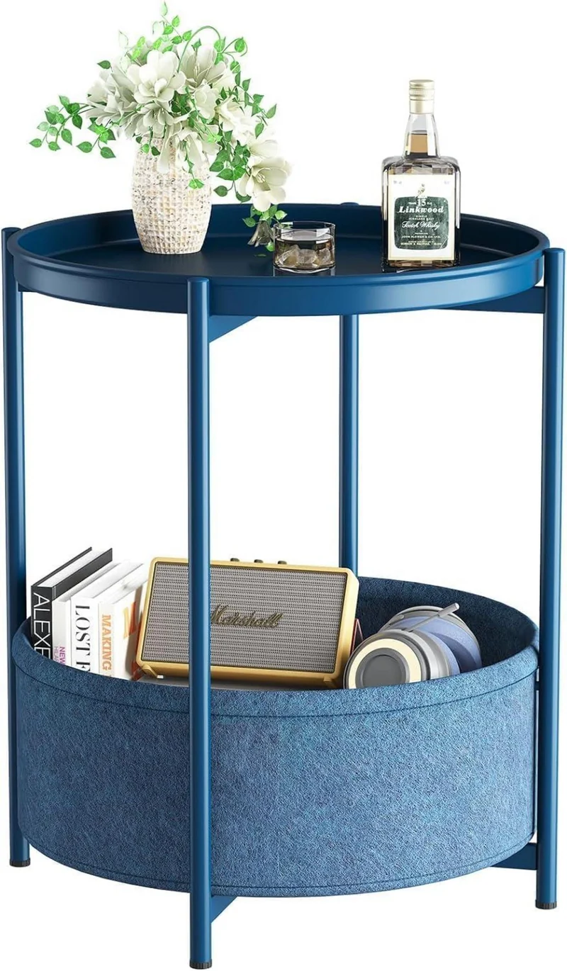 Runder Beistelltisch mit Stoffkorb, Moderner Stil Blau