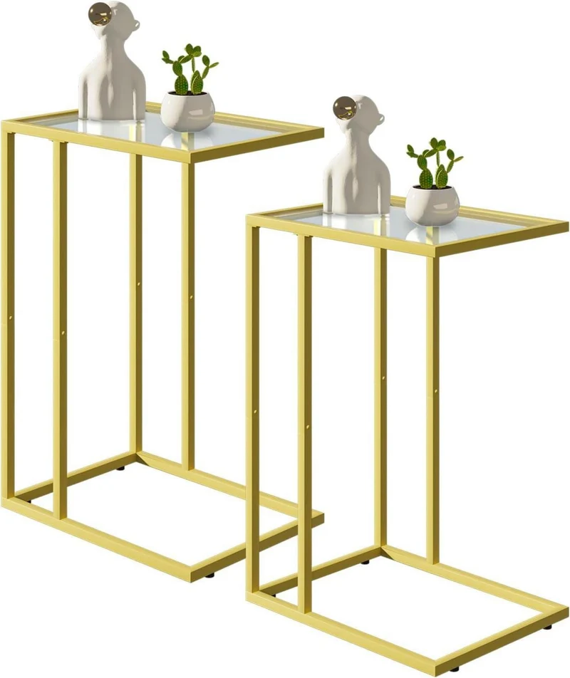 Couchtisch 2er Set Glas Gold, Beistelltisch C-Form Laptop Tisch