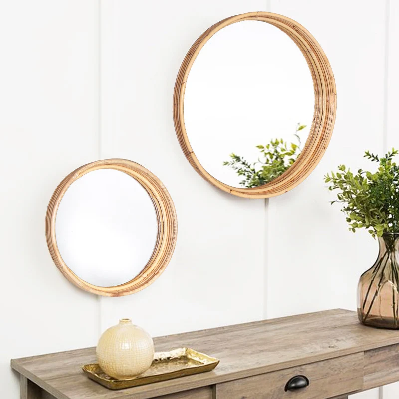 Contemporary Scandinavian Handwoven Indonesian Rattan Round Wall Mirror - Natural Woven Decorative Mirror For Living Room, Bedroom & Entryway