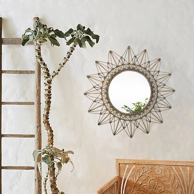 Contemporary Boho Sunburst Handwoven Indonesian Rattan Wall Mirror - Nordic Natural Decorative Round Mirror For Living Room, Bedroom & Entryway