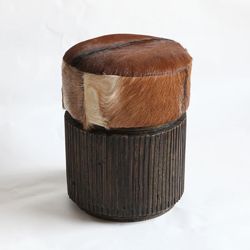 Traditional Teak Wood & Goatskin Stool - Oriental Handmade Furniture Chair For Living Room