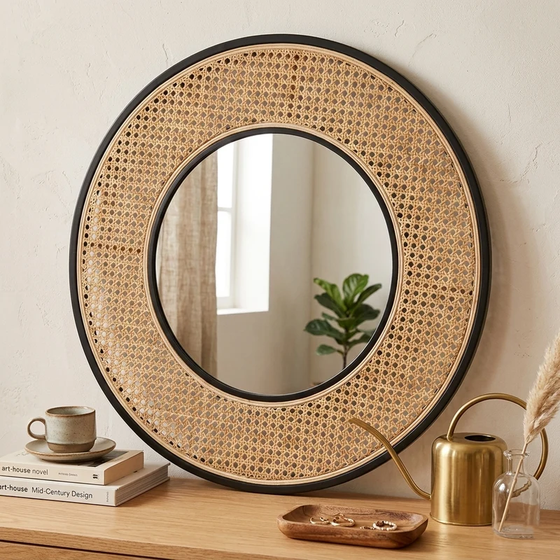Contemporary Iron & Natural Rattan Round Wall Mirror - Nordic Functional Art Piece & Sizes Available For Living Room