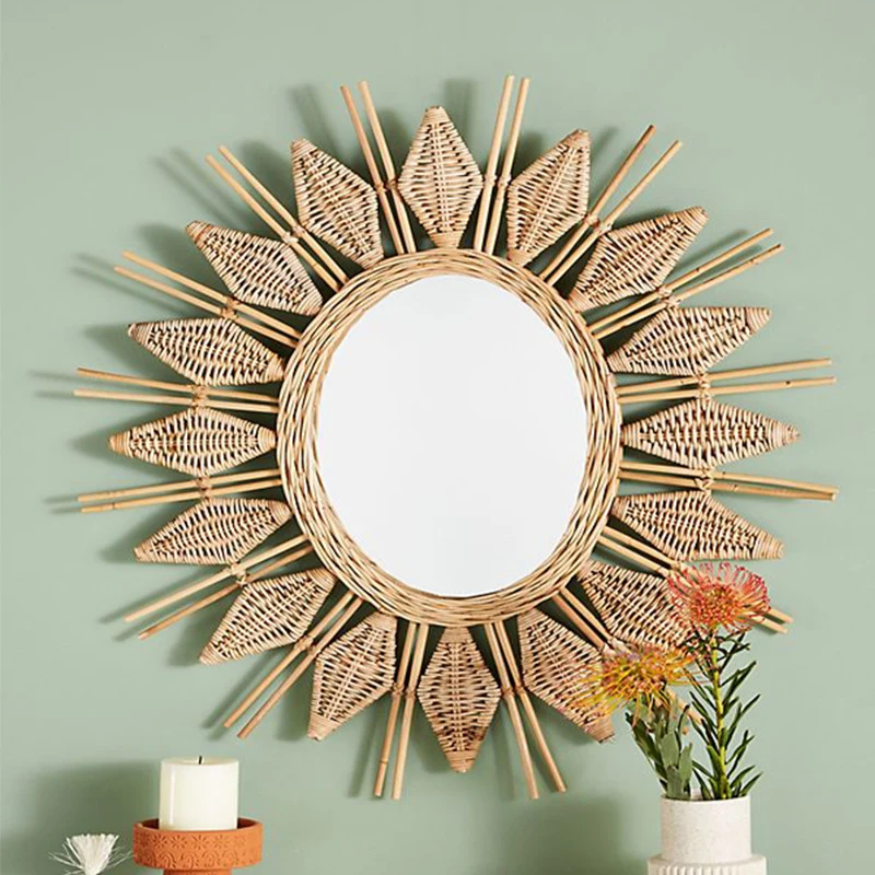 Handmade Natural Rattan Round Wall Mirror - Boho Eco-Friendly Wall Art Mirror For Living Room