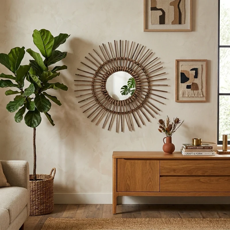 Natural Rattan Sun-shaped Wall Mirror - Boho Wall Decor & Handcrafted Design For Living Room