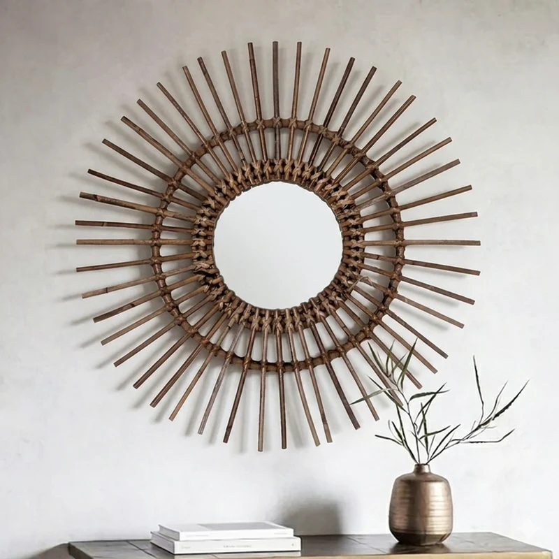 Natural Rattan Sun-shaped Wall Mirror - Boho Wall Decor & Handcrafted Design For Living Room