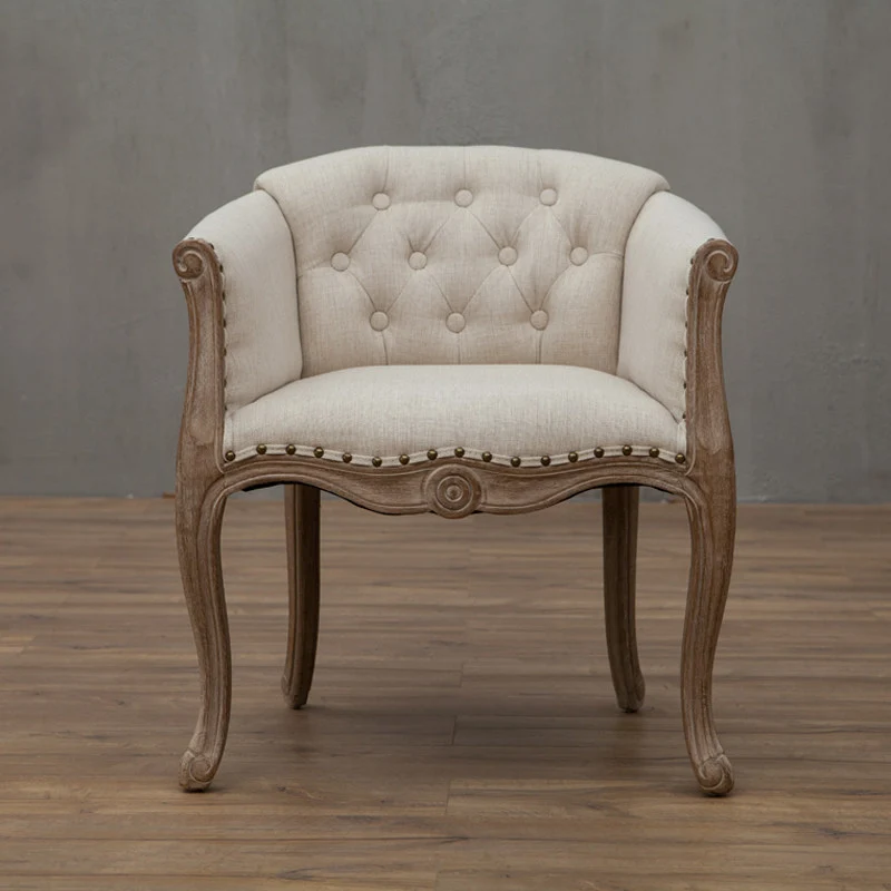 Traditional French Rubberwood & Linen Fabric Upholstered Accent Chair With Armrests And Backrest For Living Room