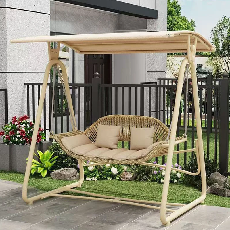 Contemporary Nordic Steel Frame PE Wicker 2-Seat Outdoor Patio Rocking Chair With Waterproof Cushions & Canopy For Backyard & Garden