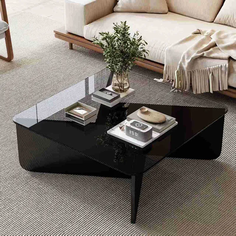 Modern Minimalist Tempered Glass & Solid Wood Plywood Square Coffee Table For Living Room