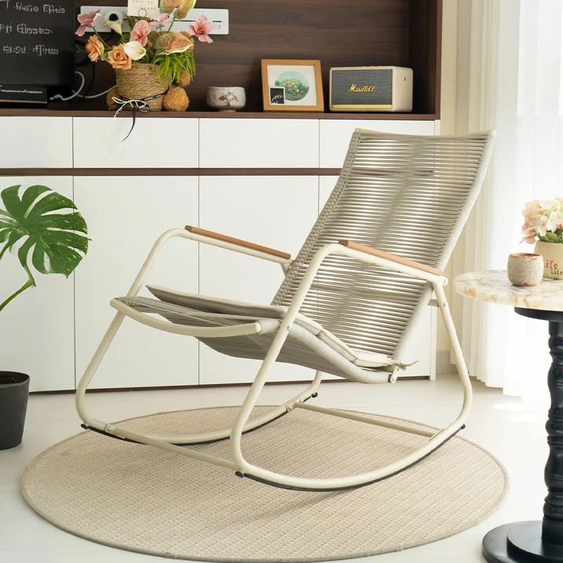 Modern Minimalist Linen PE Solid Wood Plywood Carbon Steel Rectangular Rocking Chair Armrest Backrest For Living Room