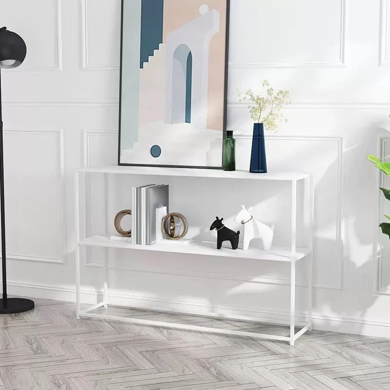 Modern 9.84" W Console Table Iron Frame Base Accent Table with Shelves