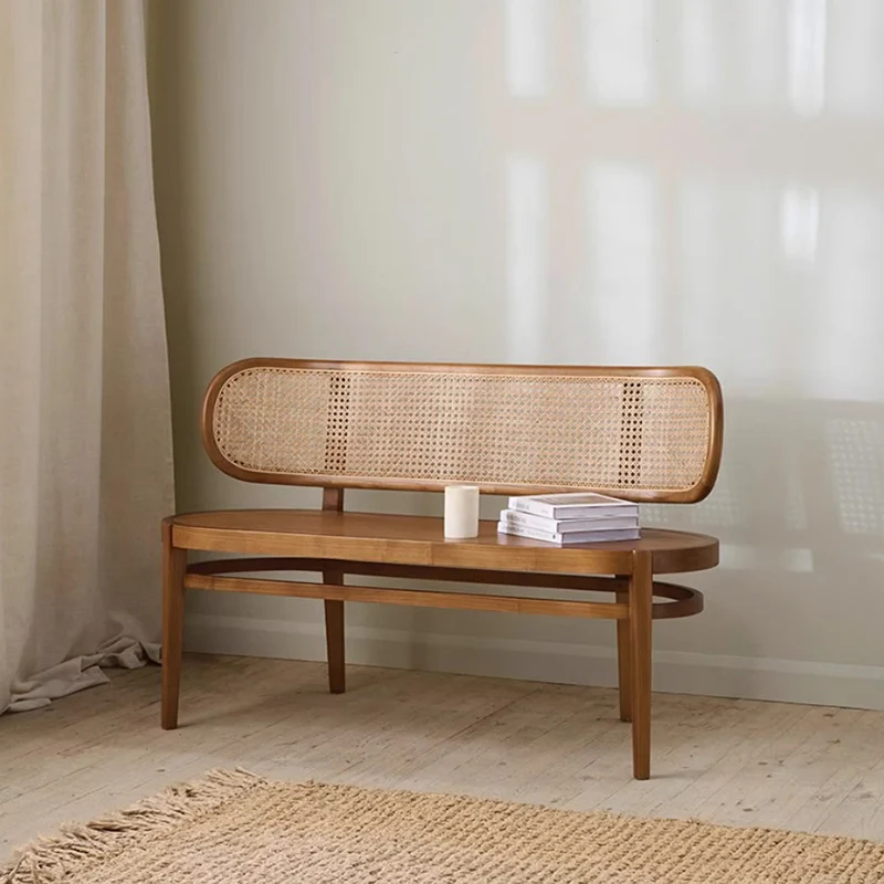 Contemporary Retro Rectangular Ash Wood Indonesian Rattan Bench For Entryway