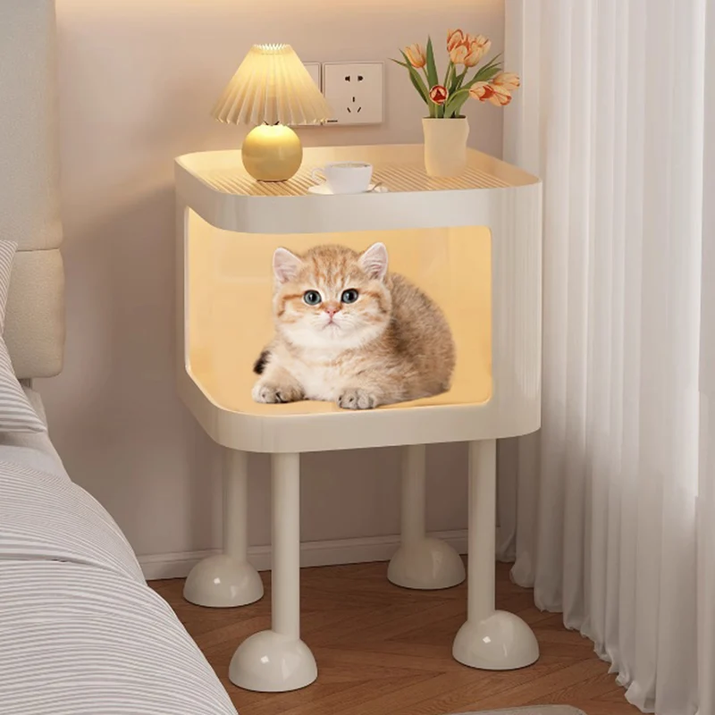 Modern Minimalist Iron Glass Square Cat Bed Nightstand 1-Cabinet For Bedroom