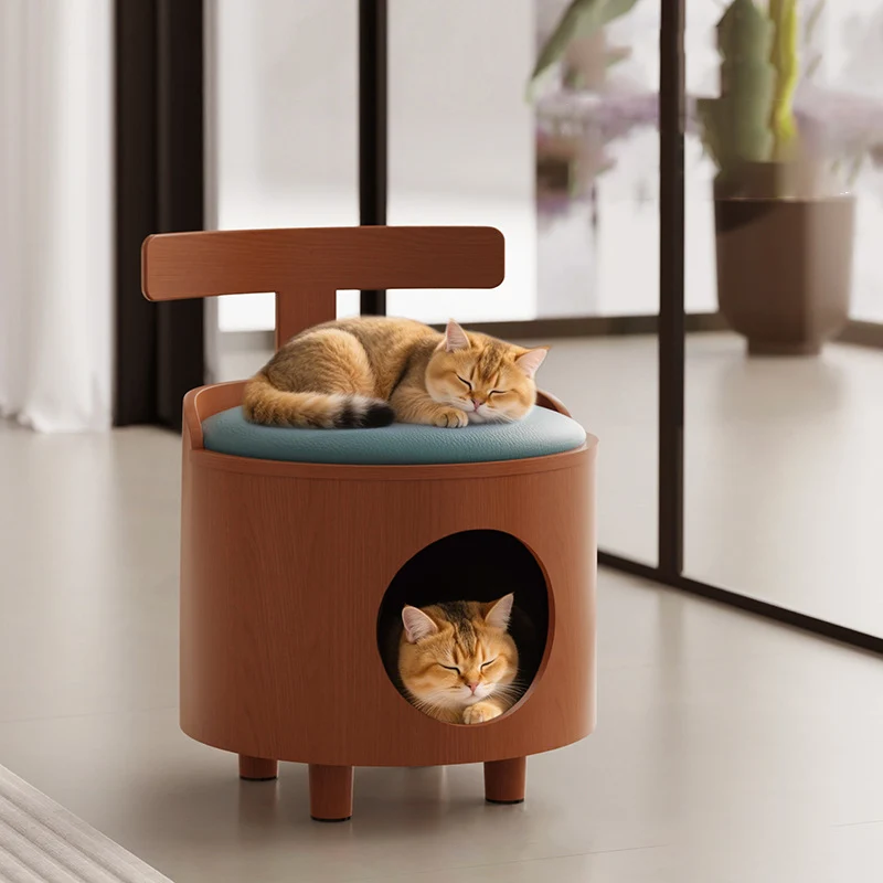 Contemporary Scandinavian Round Plywood Faux Leather Sponge Cat Bed Low Stool Backrest Armless For Living Room