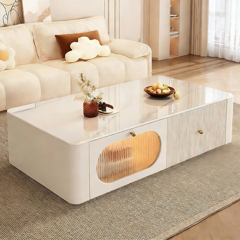 Contemporary Nordic Rectangular Stone Slab Solid Wood Glass Coffee Table 1-Drawer For Living Room