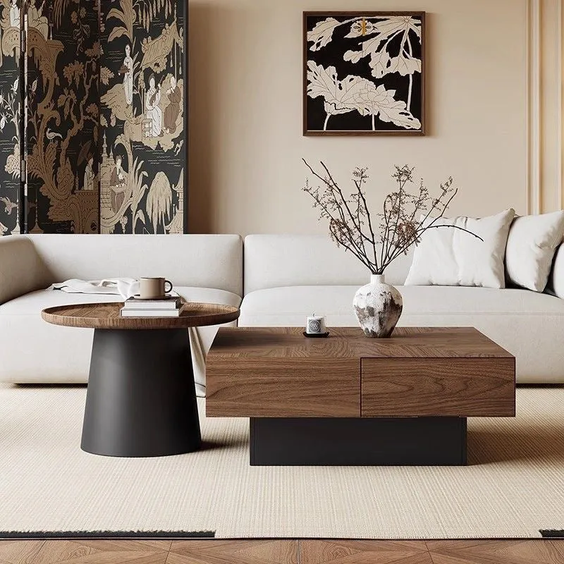 Contemporary Retro Square Round Rubberwood Pine Wood Stainless Steel Coffee Table 4-Drawer For Living Room