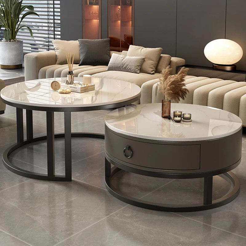 Contemporary Luxury Round Stone Slab Glass MDF PU Leather Solid Wood Plywood Carbon Steel Coffee Table Set 1-Drawer For Living Room