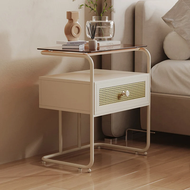 Contemporary Industrial Tempered Glass Iron Rectangular Nightstand 1-Drawer For Bedroom