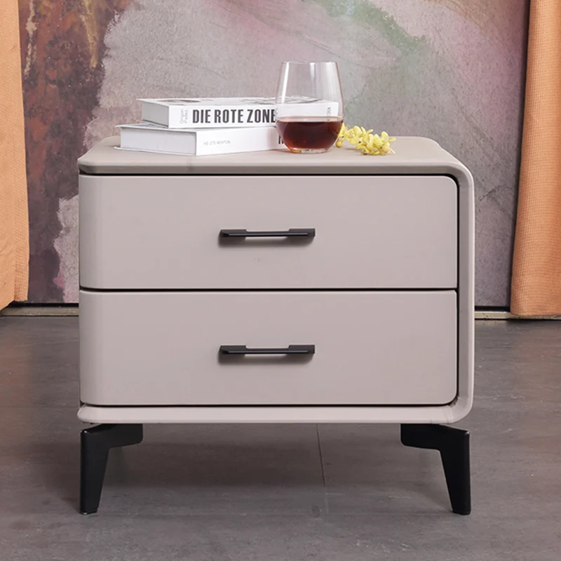 Modern Minimalist Light Beige 2-Drawer Storage Nightstand - Faux Leather Bedside Table For Bedroom