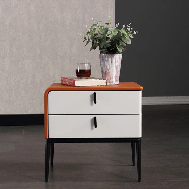 Modern Luxury Orange Faux Leather 2-Drawer Storage Nightstand - Matte Finish Bedside Table For Bedroom