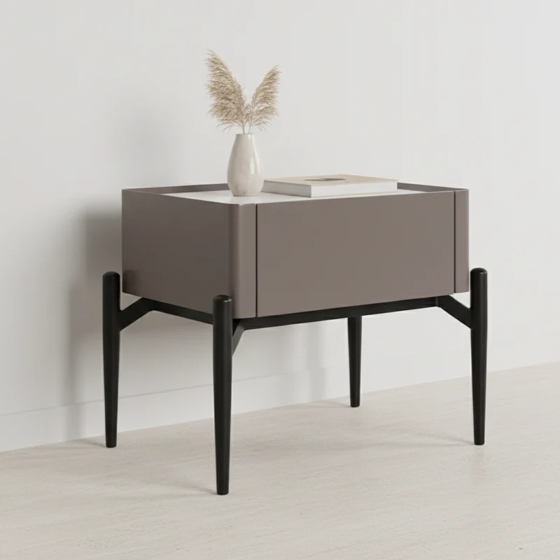 Modern Luxury Grayish Brown 1-Drawer Nightstand: Stiletto Legs High-End Accent Bedside Table For Bedroom